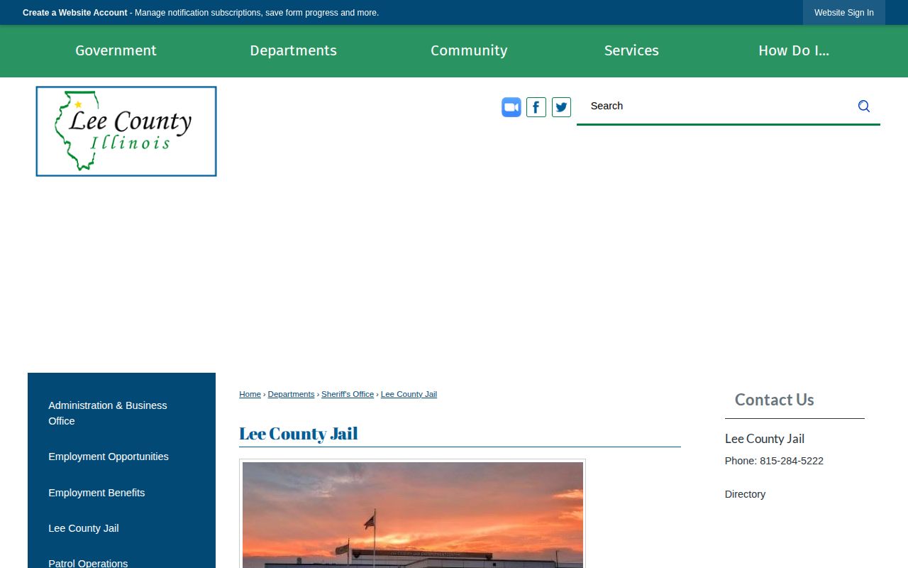 Lee County Jail official access page with custody resources