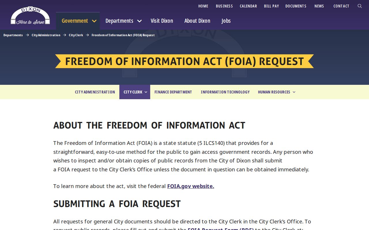 Dixon city freedom of information request page for police records